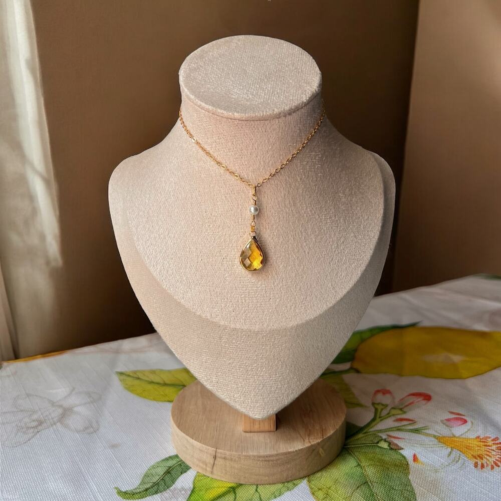 Citrine Yellow Crystal Glass Pearl Bridal Necklace Bridgerton Victorian Romantic